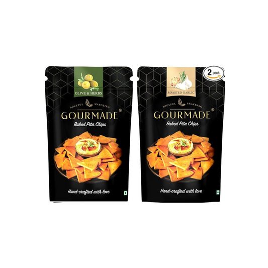 Olive & Herbs and Roasted Garlic Gourmade pita chips (125g X 2 Pack Combo) - Gourmade Snacks